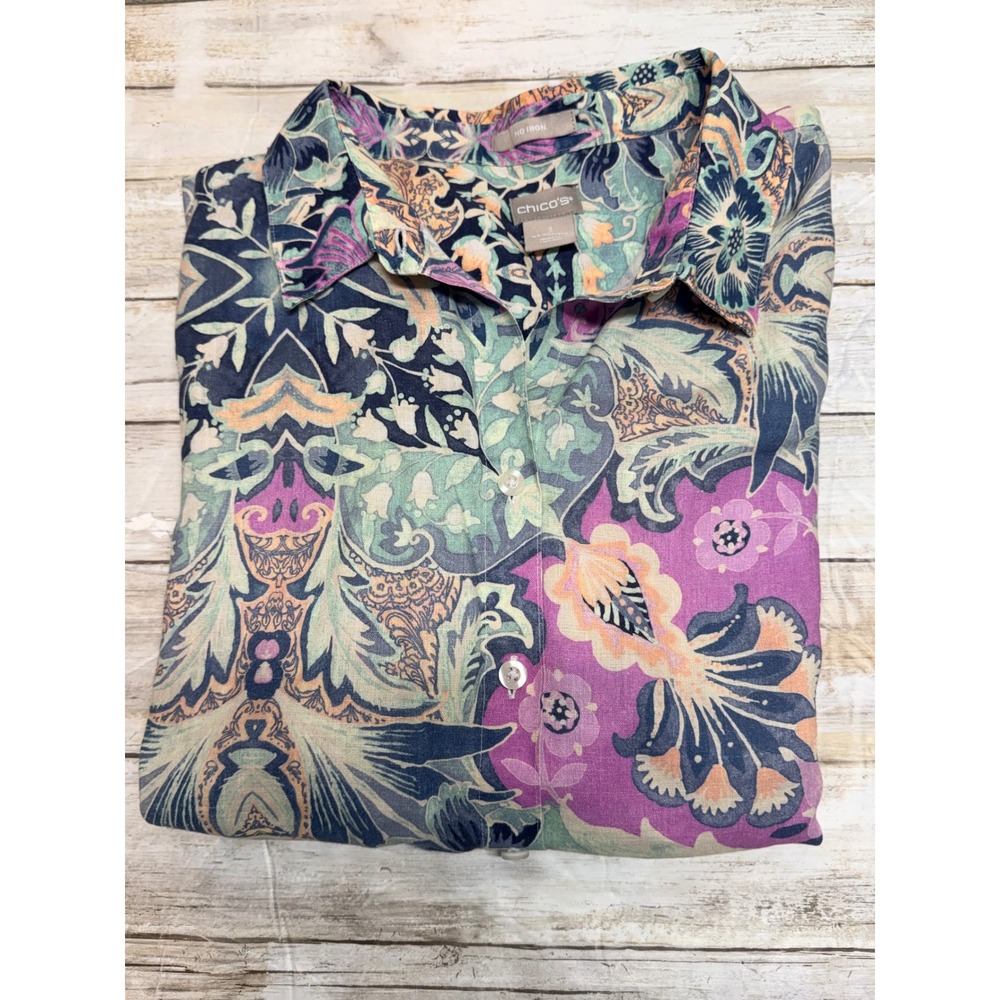 Chicos 100% Linen No Iron Paisley Floral Button Down Shirt Size 3(U.S. size 16)